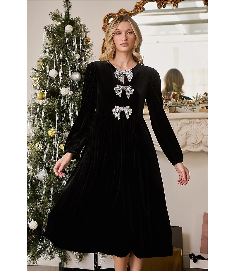 Sugarlips Jena Glow Velvet Crew Neck Long Sleeve Rhinestone Bow Midi Dress