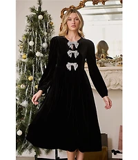 Sugarlips Jena Glow Velvet Crew Neck Long Sleeve Rhinestone Bow Midi Dress