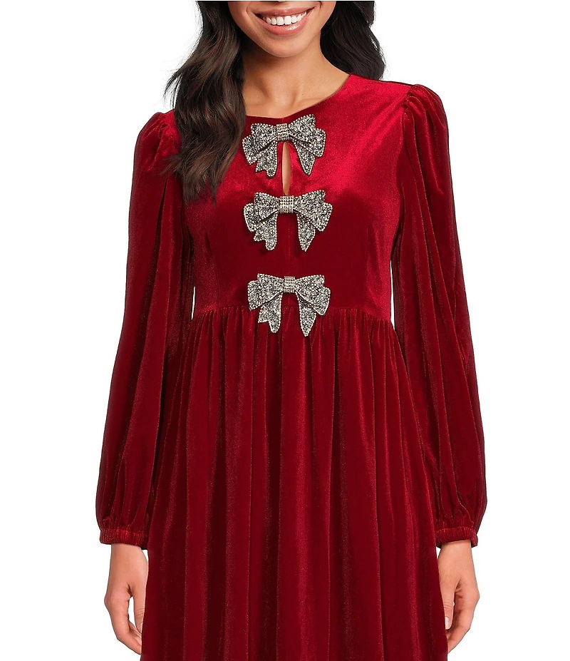 Sugarlips Jena Glow Velvet Crew Neck Long Sleeve Rhinestone Bow Midi Dress