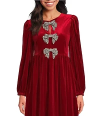 Sugarlips Jena Glow Velvet Crew Neck Long Sleeve Rhinestone Bow Midi Dress