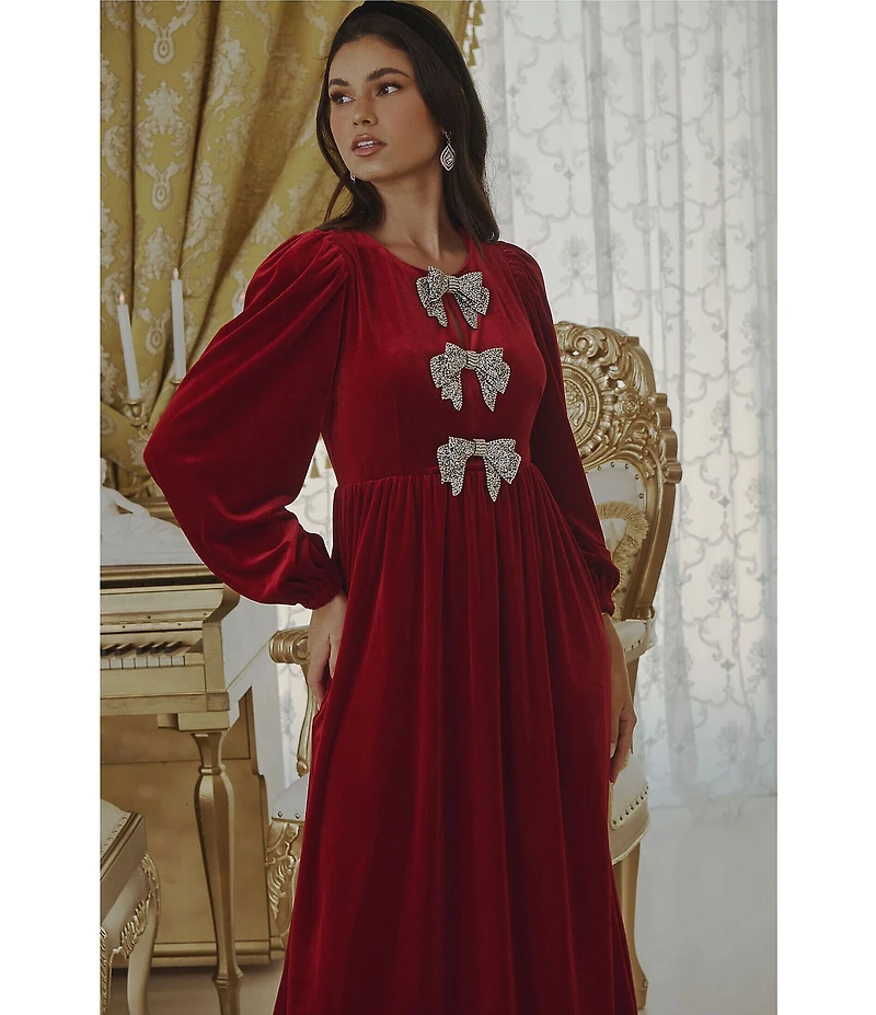 Sugarlips Jena Glow Velvet Crew Neck Long Sleeve Rhinestone Bow Midi Dress
