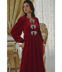 Sugarlips Jena Glow Velvet Crew Neck Long Sleeve Rhinestone Bow Midi Dress