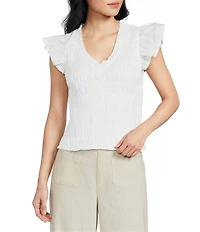 Sugarlips Jennie Split V-Neck Cap Sleeve Smocked Top