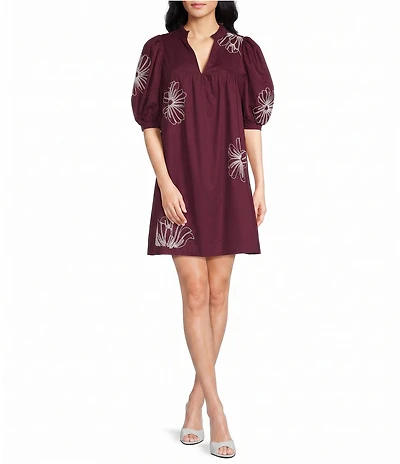 Sugarlips Julissa Floral Embroidered Split V-Neck Short Sleeve Babydoll Mini Dress