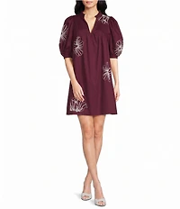 Sugarlips Julissa Floral Embroidered Split V-Neck Short Sleeve Babydoll Mini Dress