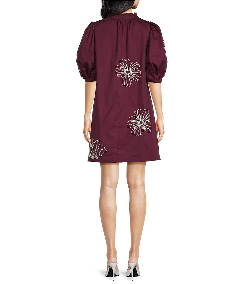 Sugarlips Julissa Floral Embroidered Split V-Neck Short Sleeve Babydoll Mini Dress