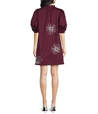 Sugarlips Julissa Floral Embroidered Split V-Neck Short Sleeve Babydoll Mini Dress