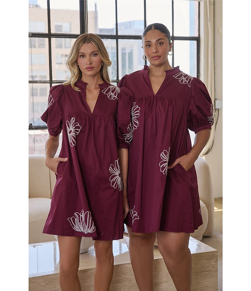 Sugarlips Julissa Floral Embroidered Split V-Neck Short Sleeve Babydoll Mini Dress