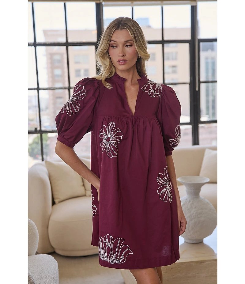 Sugarlips Julissa Floral Embroidered Split V-Neck Short Sleeve Babydoll Mini Dress