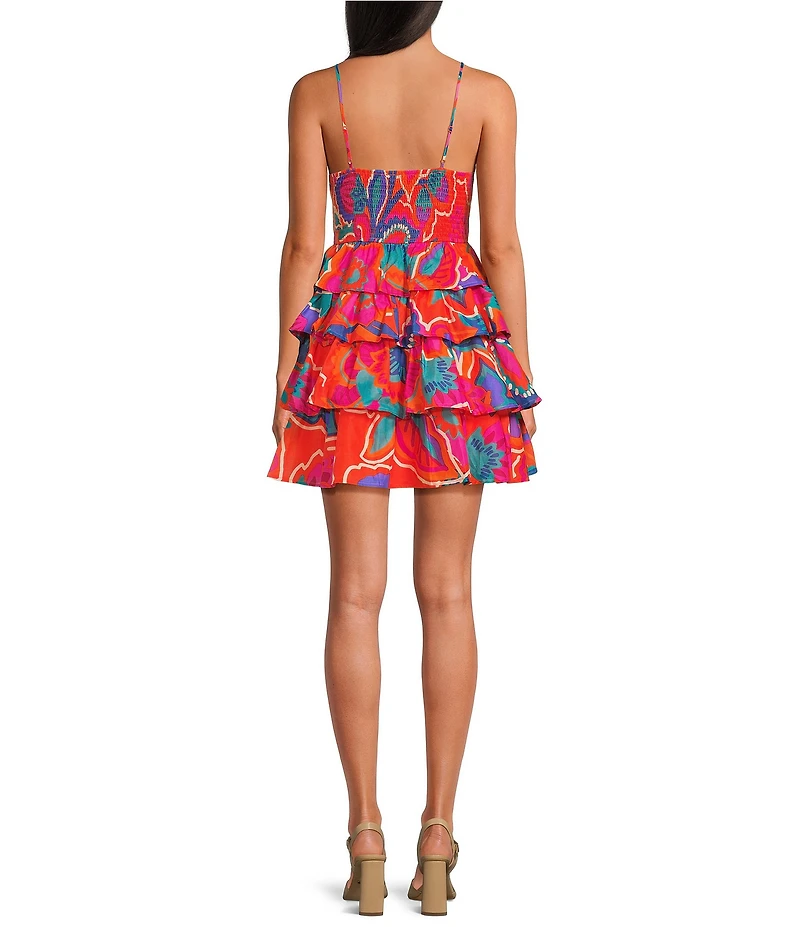 Sugarlips Kahlia Tropics Mavey Poplin Gauze Sweetheart Neck Sleeveless Tiered Ruffle Mini Dress