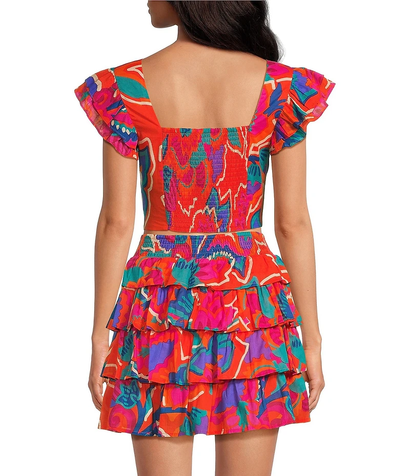Sugarlips Kahlia Tropics Mavey V-Neck Ruffle Cap Sleeve Coordinating Crop Top