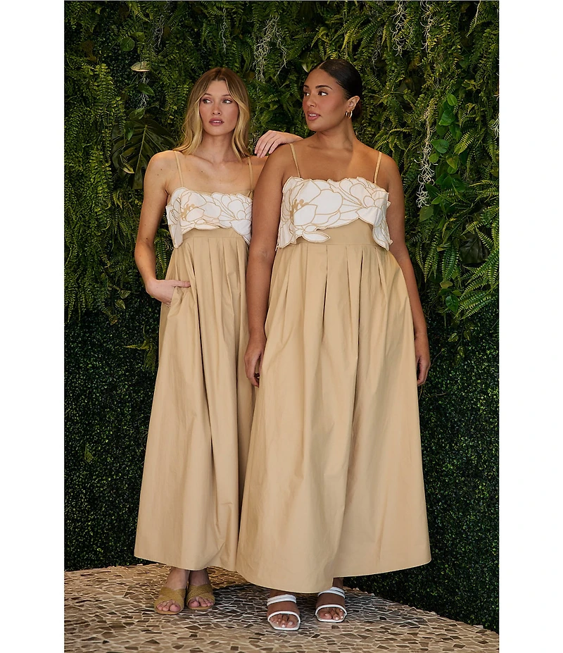 Sugarlips Kalani 3D Floral Embroidery Square Neck Sleeveless Pleated Maxi Dress