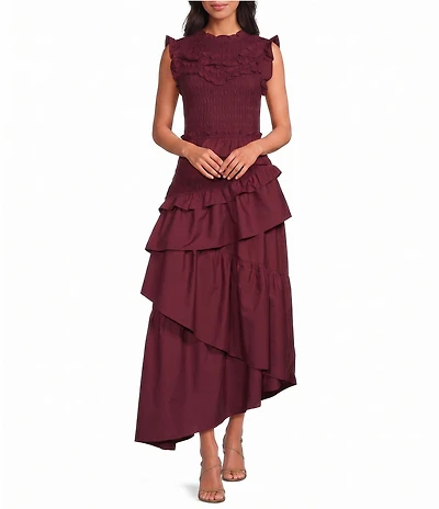 Sugarlips Kalina Crew Neck Sleeveless Smocked Asymmetric Ruffle Tiered Midi Dress