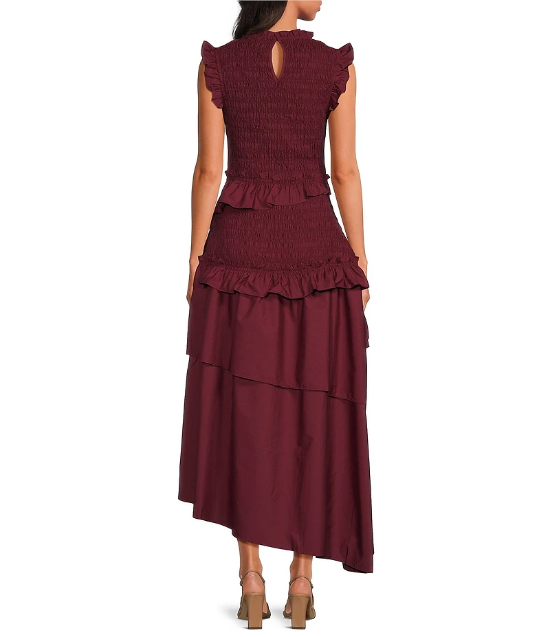 Sugarlips Kalina Crew Neck Sleeveless Smocked Asymmetric Ruffle Tiered Midi Dress