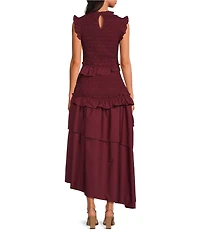Sugarlips Kalina Crew Neck Sleeveless Smocked Asymmetric Ruffle Tiered Midi Dress