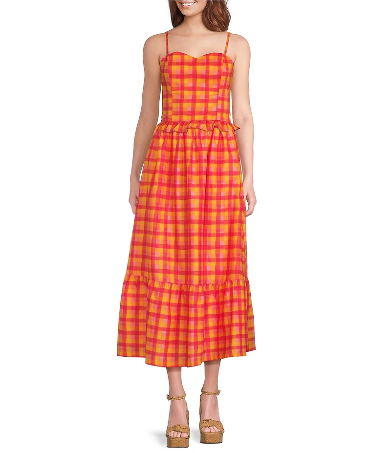 Sugarlips Katana Plaid Print Sweetheart Neck Sleeveless Smocked Coordinating Tank Top