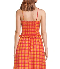 Sugarlips Katana Plaid Print Sweetheart Neck Sleeveless Smocked Coordinating Tank Top