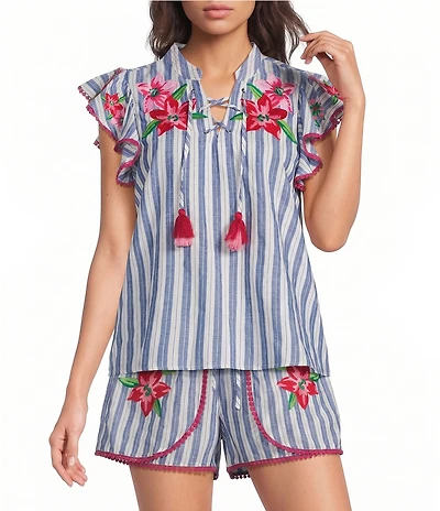 Sugarlips Kessie Floral Embroidered Stripe Printed V-Neck Flutter Sleeve Coordinating Linen Top