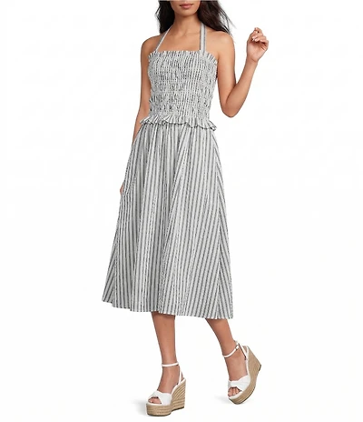 Sugarlips Kolin Striped Print Halter Neck Sleeveless Smocked Midi Dress