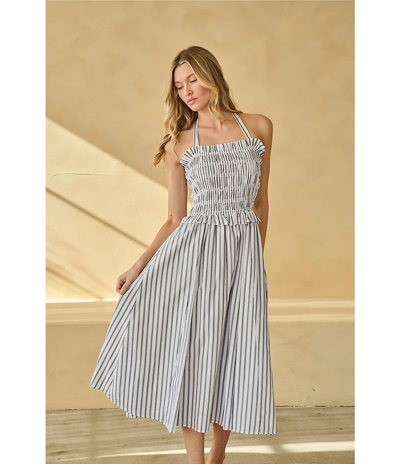 Sugarlips Kolin Striped Print Halter Neck Sleeveless Smocked Midi Dress