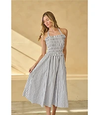 Sugarlips Kolin Striped Print Halter Neck Sleeveless Smocked Midi Dress