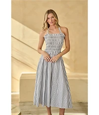 Sugarlips Kolin Striped Print Halter Neck Sleeveless Smocked Midi Dress