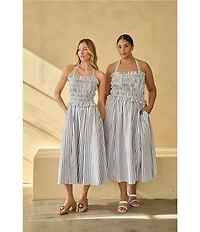 Sugarlips Kolin Striped Print Halter Neck Sleeveless Smocked Midi Dress