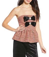 Sugarlips Lazara Tweed Virelia Bow Strapless Peplum Top