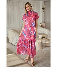 Sugarlips Leah Abstract Dime Print Mock Neck Short Sleeve Organza Maxi Dress