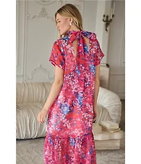 Sugarlips Leah Abstract Dime Print Mock Neck Short Sleeve Organza Maxi Dress