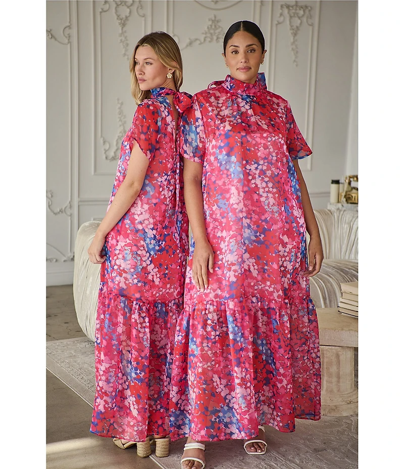 Sugarlips Leah Abstract Dime Print Mock Neck Short Sleeve Organza Maxi Dress