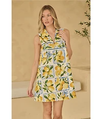 Sugarlips Lemon Lex Printed Split Collar Sleeveless Shift Mini Dress
