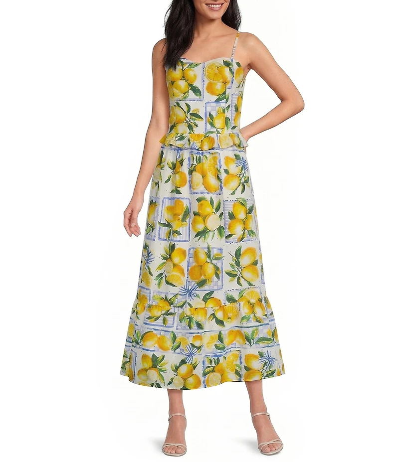 Sugarlips Lemon Print Katana High-Rise Pleated Coordinating Maxi Skirt
