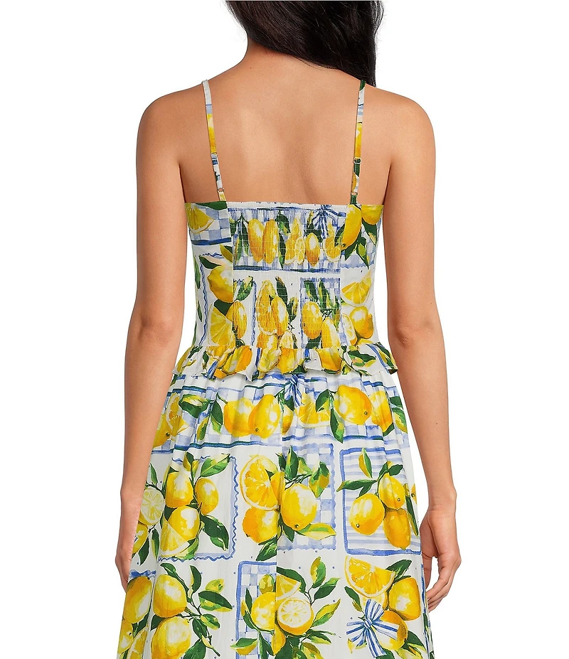 Sugarlips Lemon Print Sweetheart Neck Sleeveless Smocked Coordinating Tank Top
