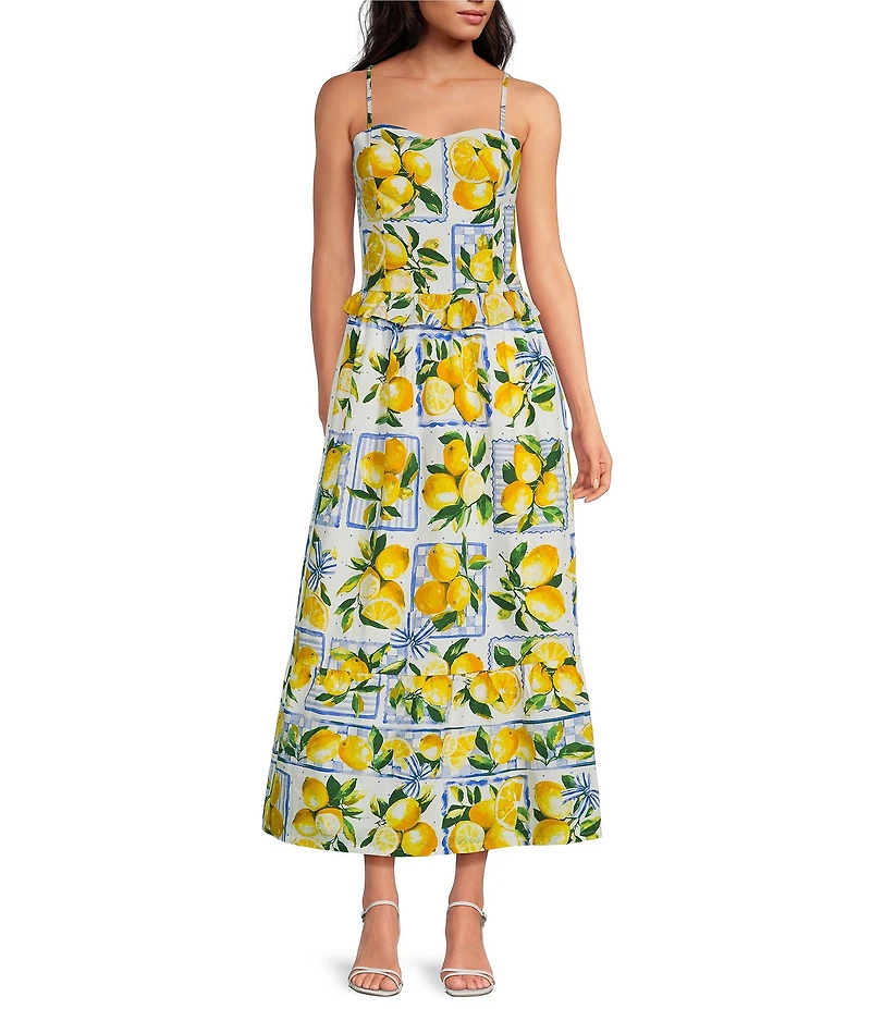 Sugarlips Lemon Print Sweetheart Neck Sleeveless Smocked Coordinating Tank Top