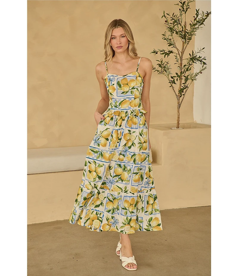 Sugarlips Lemon Print Sweetheart Neck Sleeveless Smocked Coordinating Tank Top