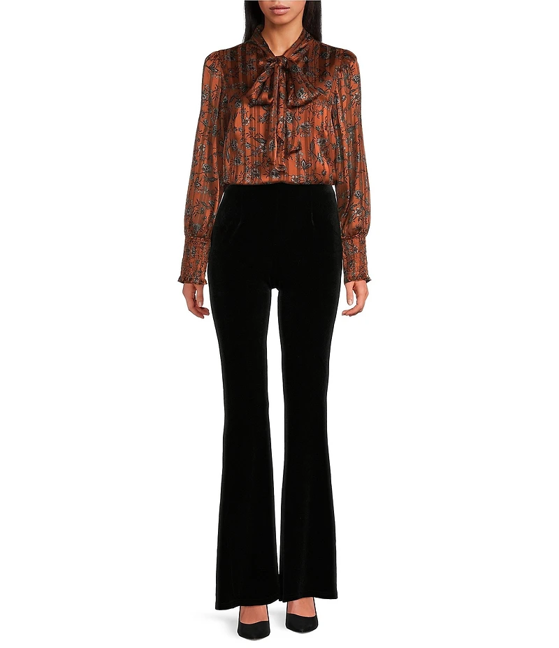 Sugarlips Leoben Floral Print Mock Neck Tie Front Long Puff Sleeves Blouse