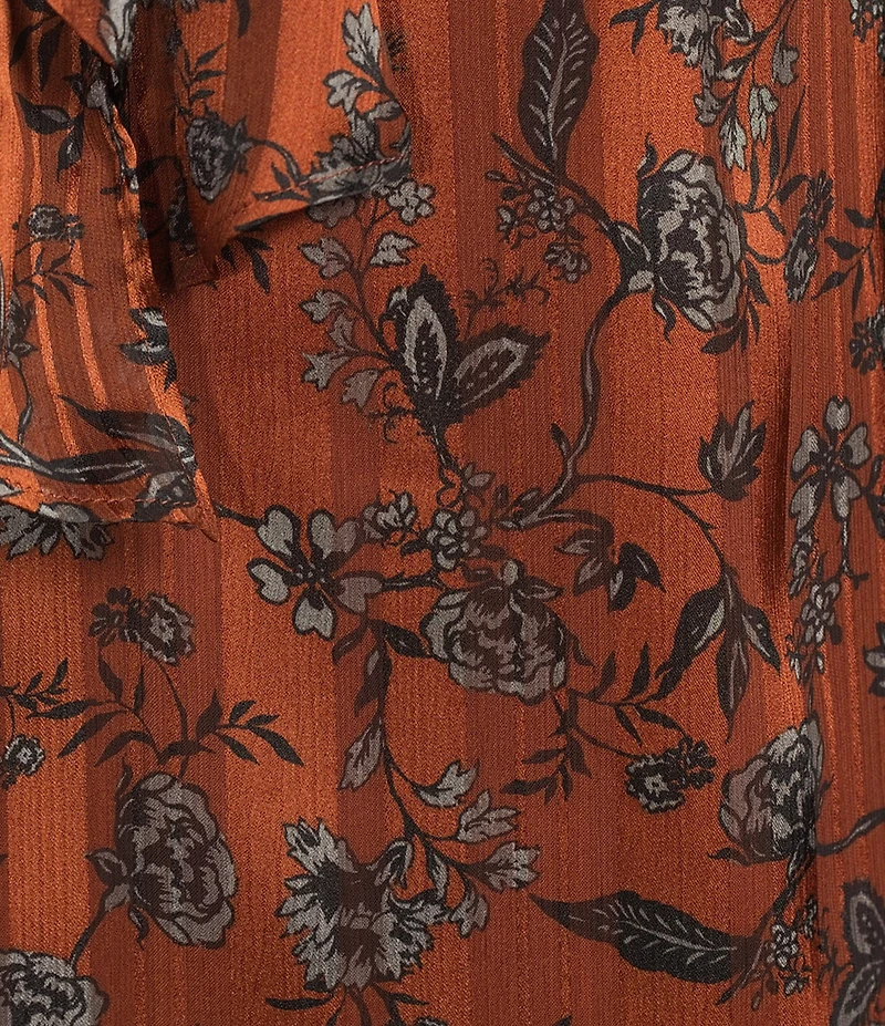 Sugarlips Leoben Floral Print Mock Neck Tie Front Long Puff Sleeves Blouse