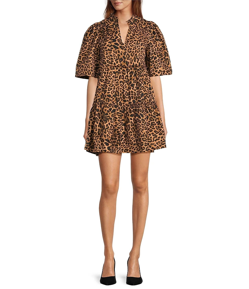 Sugarlips Leopard Printed Split V-Neck Short Sleeve Tiered Mini Dress