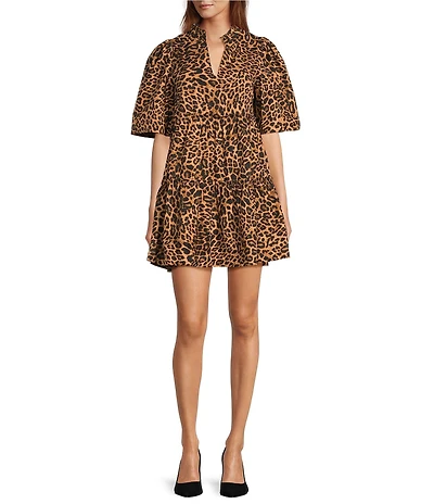 Sugarlips Leopard Printed Split V-Neck Short Sleeve Tiered Mini Dress