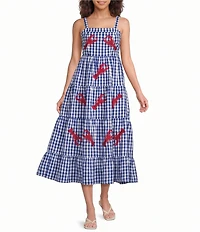 Sugarlips Lobster Embroidered Gingham Print Square Neck Sleeveless Tiered Midi Dress
