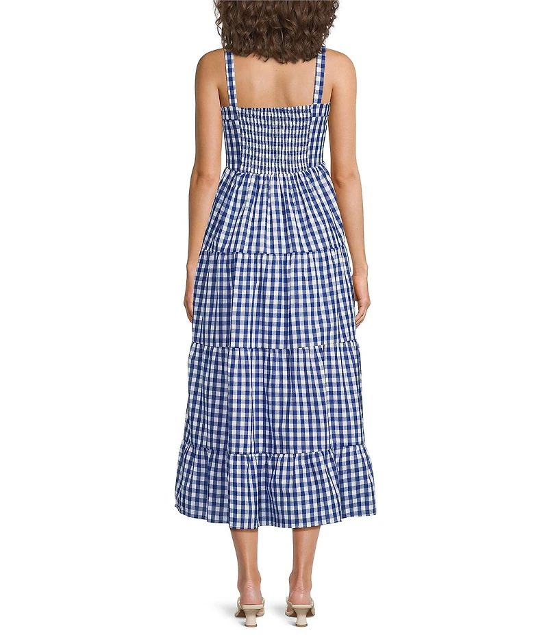 Sugarlips Lobster Embroidered Gingham Print Square Neck Sleeveless Tiered Midi Dress