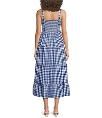 Sugarlips Lobster Embroidered Gingham Print Square Neck Sleeveless Tiered Midi Dress