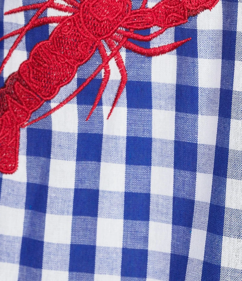 Sugarlips Lobster Embroidered Gingham Print Square Neck Sleeveless Tiered Midi Dress