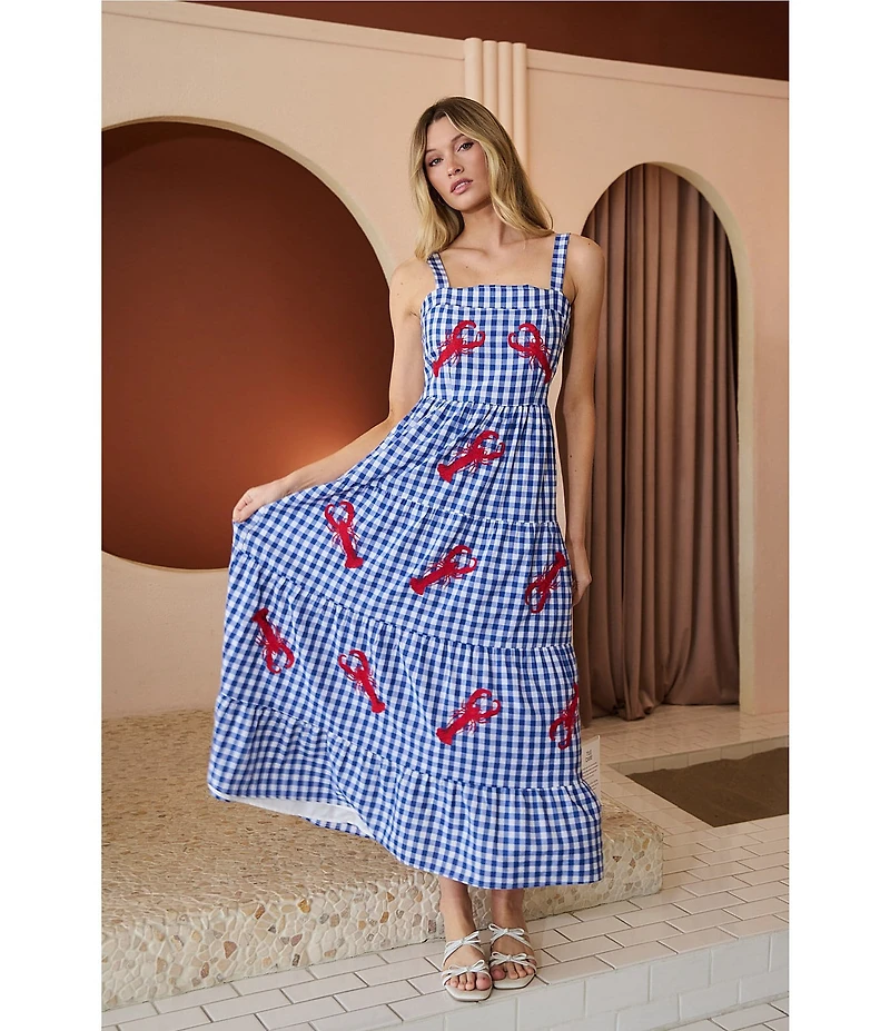 Sugarlips Lobster Embroidered Gingham Print Square Neck Sleeveless Tiered Midi Dress