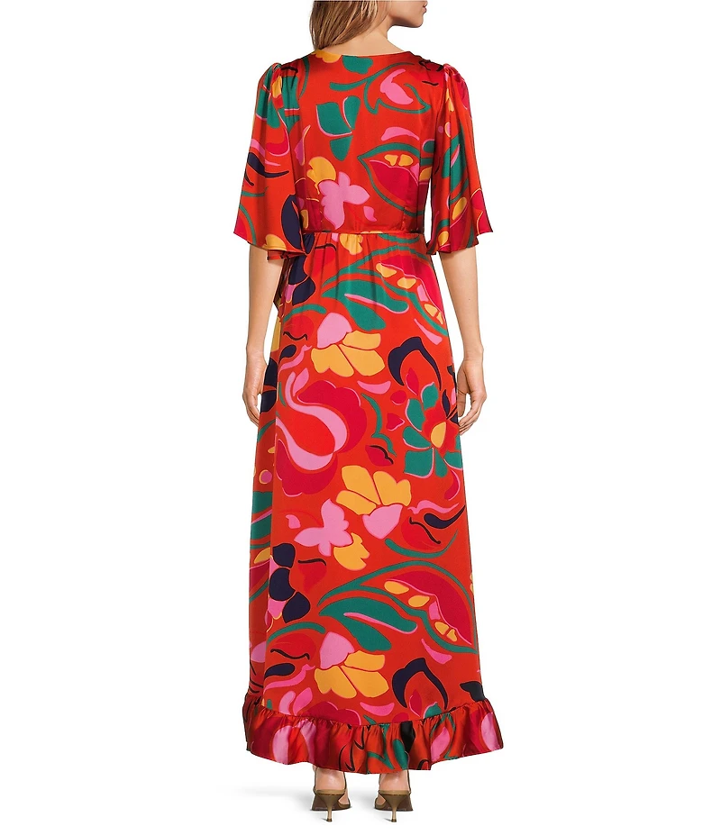 Sugarlips Love Abelia Satin Tropical Abstract Print V-Neck Elbow Sleeve High-Low Ruffle Hem Wrap Dress