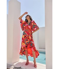 Sugarlips Love Abelia Satin Tropical Abstract Print V-Neck Elbow Sleeve High-Low Ruffle Hem Wrap Dress