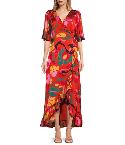 Sugarlips Love Abelia Satin Tropical Abstract Print V-Neck Elbow Sleeve High-Low Ruffle Hem Wrap Dress