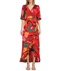 Sugarlips Love Abelia Satin Tropical Abstract Print V-Neck Elbow Sleeve High-Low Ruffle Hem Wrap Dress