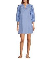 Sugarlips Malaga Victoria Striped Print Split V-Neck 3/4 Sleeve Poplin Mini Dress